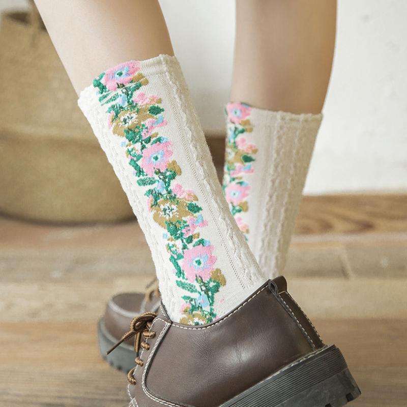 Vintage geborduurde bloemensokken (5 paar)