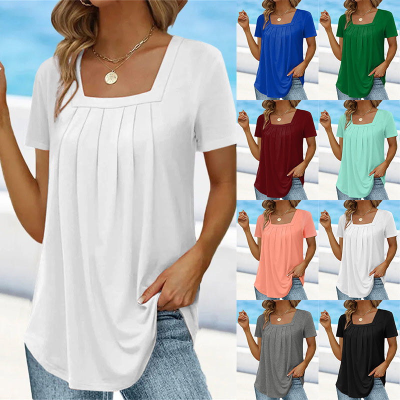 Effen gekleurd T-shirt met korte mouwen en vierkante hals